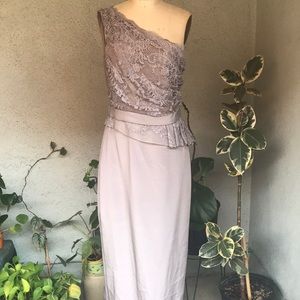 MARCHESA NOTTE | Smoke Grey One Shoulder Lace Trimmed Silk Long Ball Gown